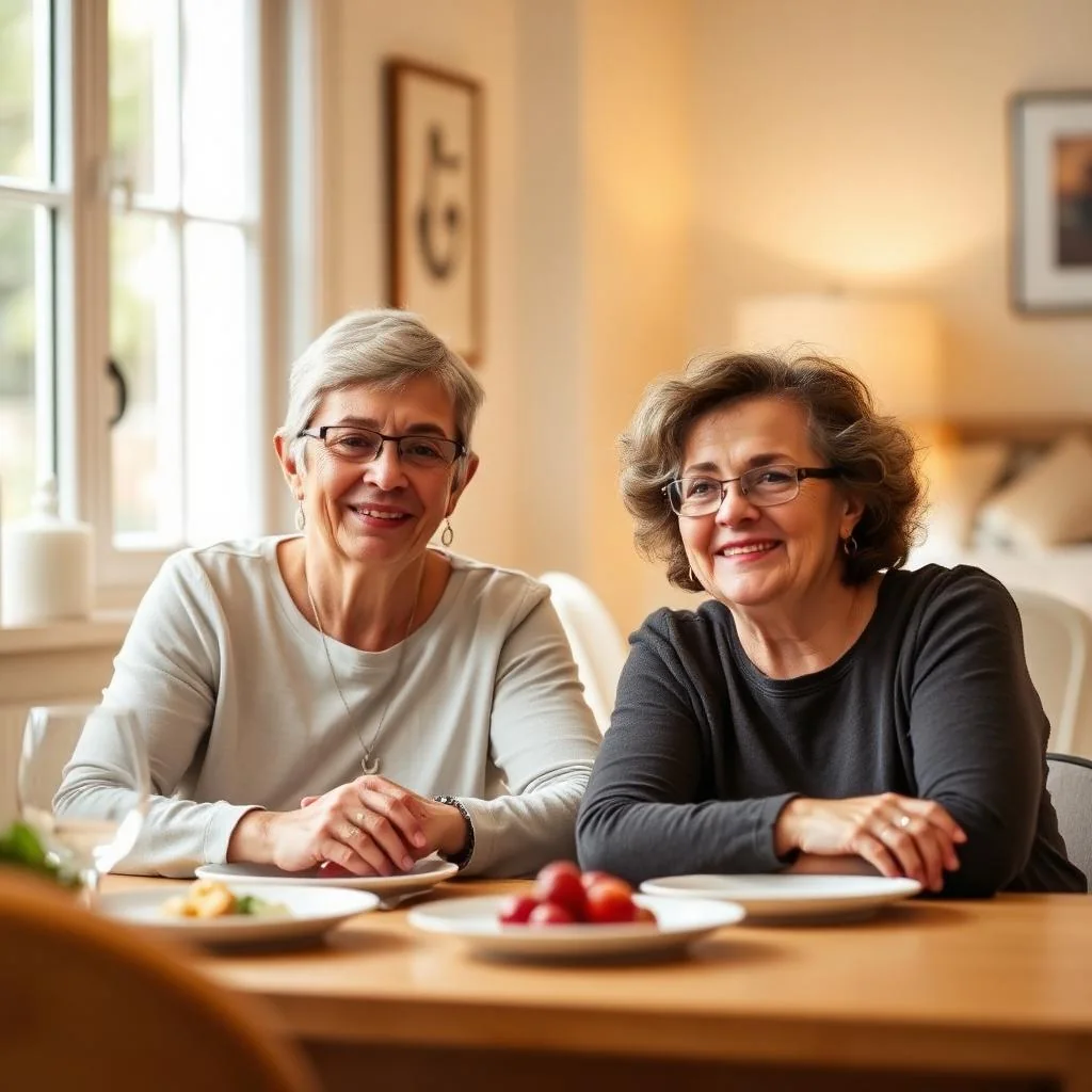 Two women sitting together at a dining table