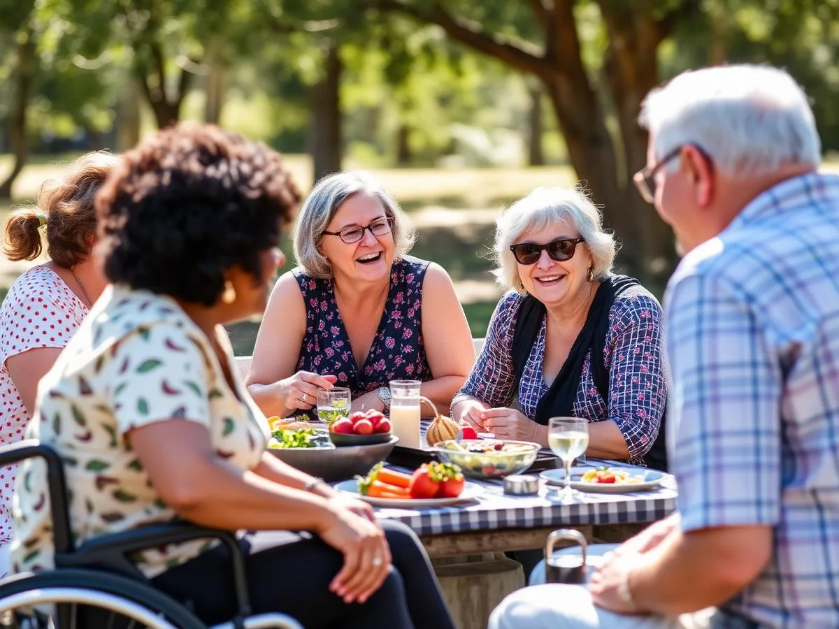 A group sharing a meal outdoors
