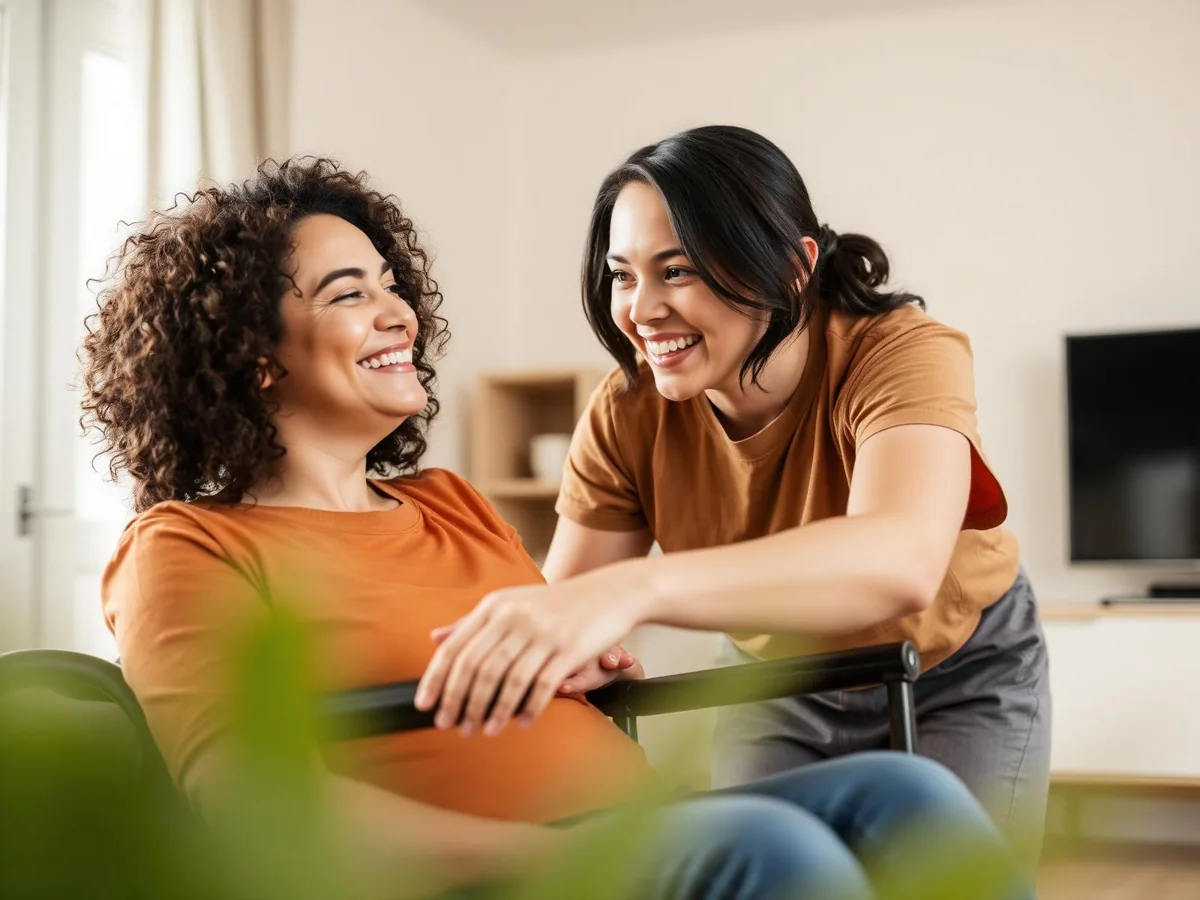 A wheelchair user and another woman smiling together at home