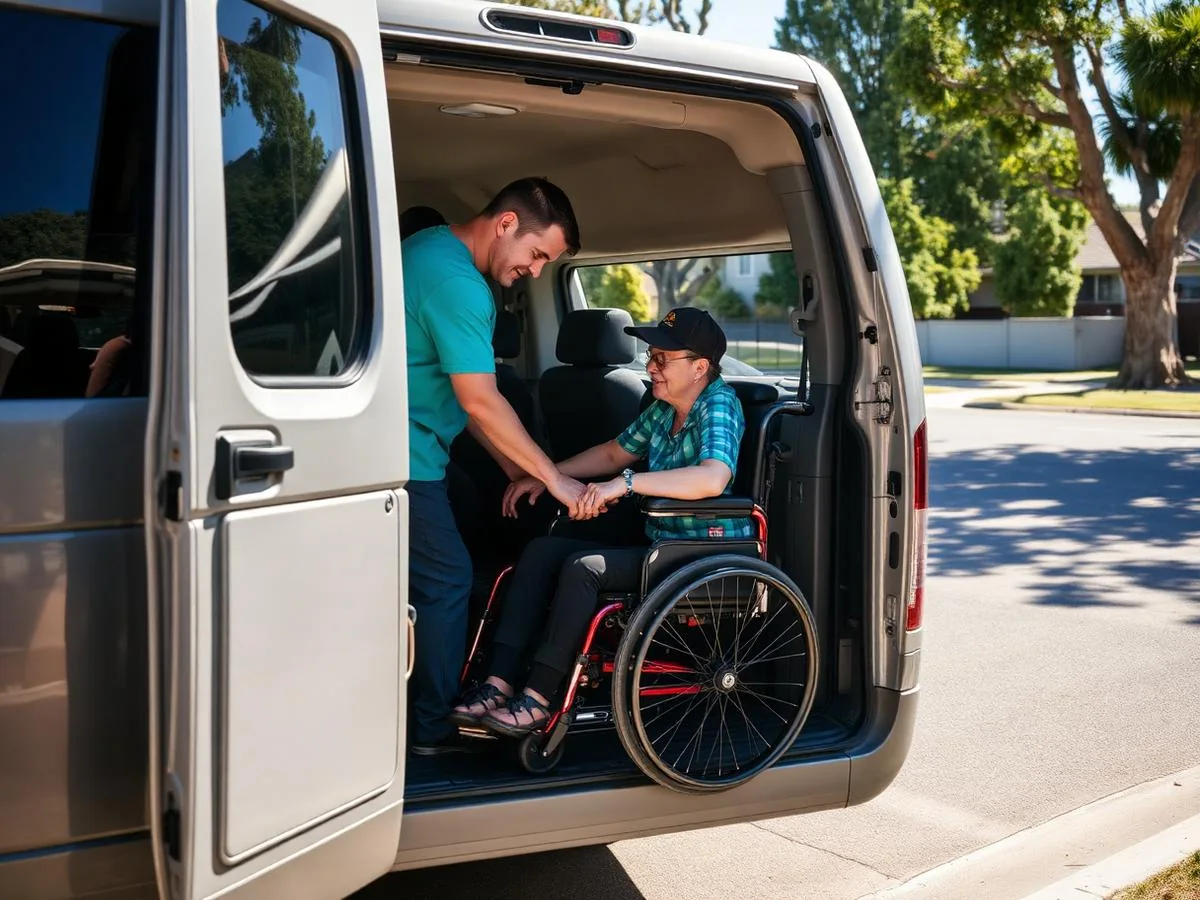 A man assisting a wheelchair user inside a van